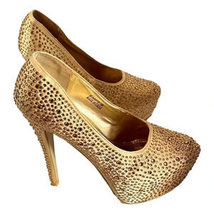 Sarah Chole Gold Stiletto Heels Glitter Shoes Sz  8 M 5 inch Platform